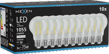 Mexen Vintis 10x LED-Fadenbirne E27, A60, 8W, Neutral - 4000K, 1055 lm, klar - L150-E27-0840-00x10