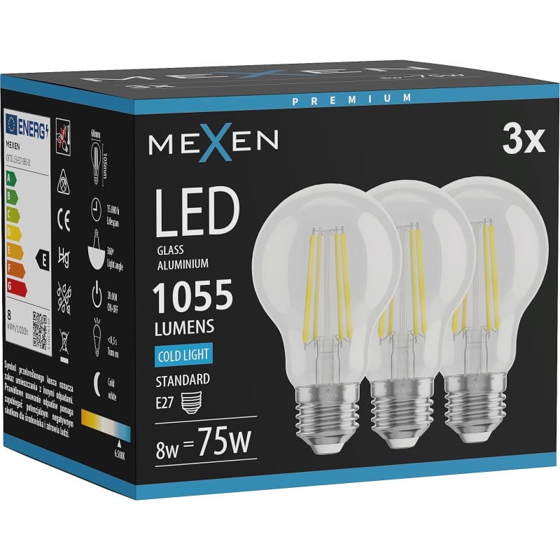 Mexen Vintis 3x LED-Filamentlampe E27, A60, 8W, Kalt - 6500K, 1055 lm, klar - L150-E27-0865-00x03