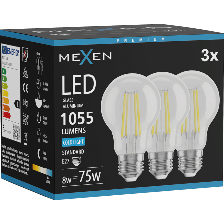 Mexen Vintis 3x LED-Filamentlampe E27, A60, 8W, Kalt - 6500K, 1055 lm, klar - L150-E27-0865-00x03