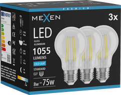 Mexen Vintis 3x LED-Filamentlampe E27, A60, 8W, Kalt - 6500K, 1055 lm, klar - L150-E27-0865-00x03