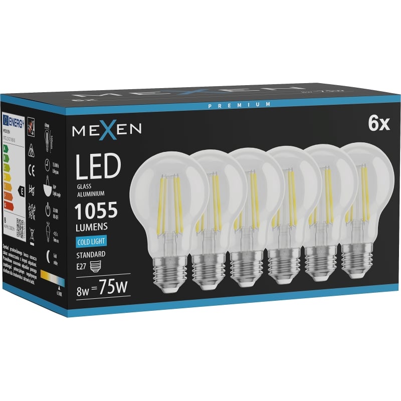 Mexen Vintis 6x LED-Filament-Glühbirne E27, A60, 8W, Kalt - 6500K, 1055 lm, klar - L150-E27-0865-00x06