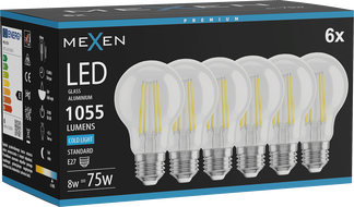 Mexen Vintis 6x LED-Filament-Glühbirne E27, A60, 8W, Kalt - 6500K, 1055 lm, klar - L150-E27-0865-00x06