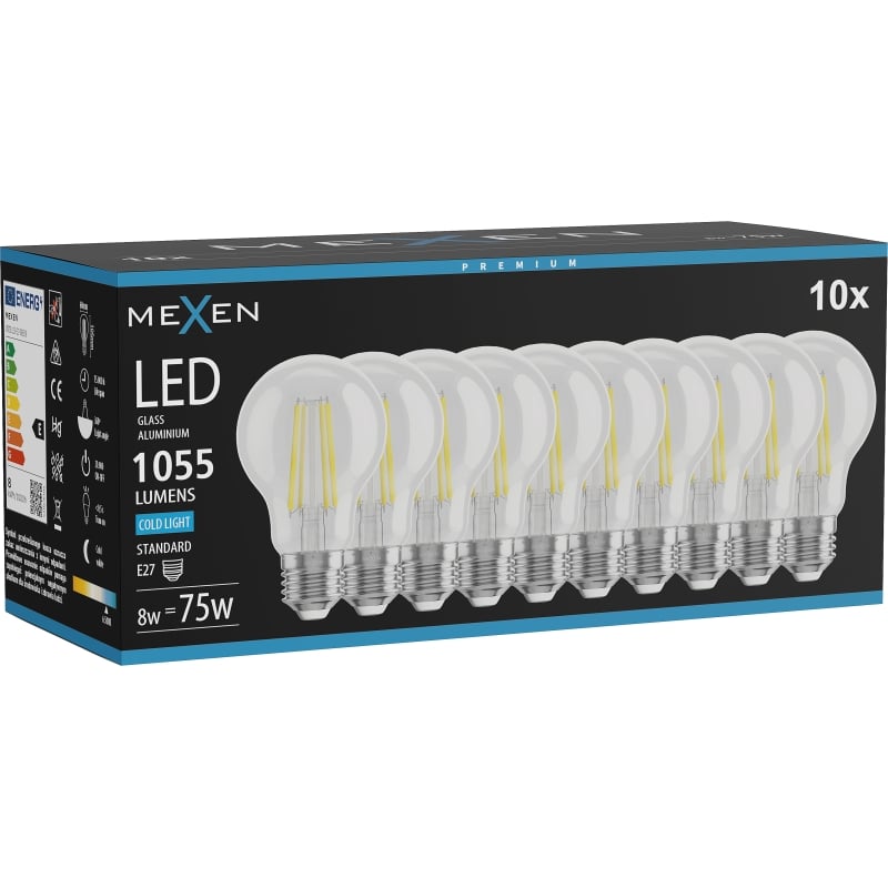 Mexen Vintis 10x LED-Glühbirne Filament E27, A60, 8W, Kalt - 6500K, 1055 lm, klar - L150-E27-0865-00x10