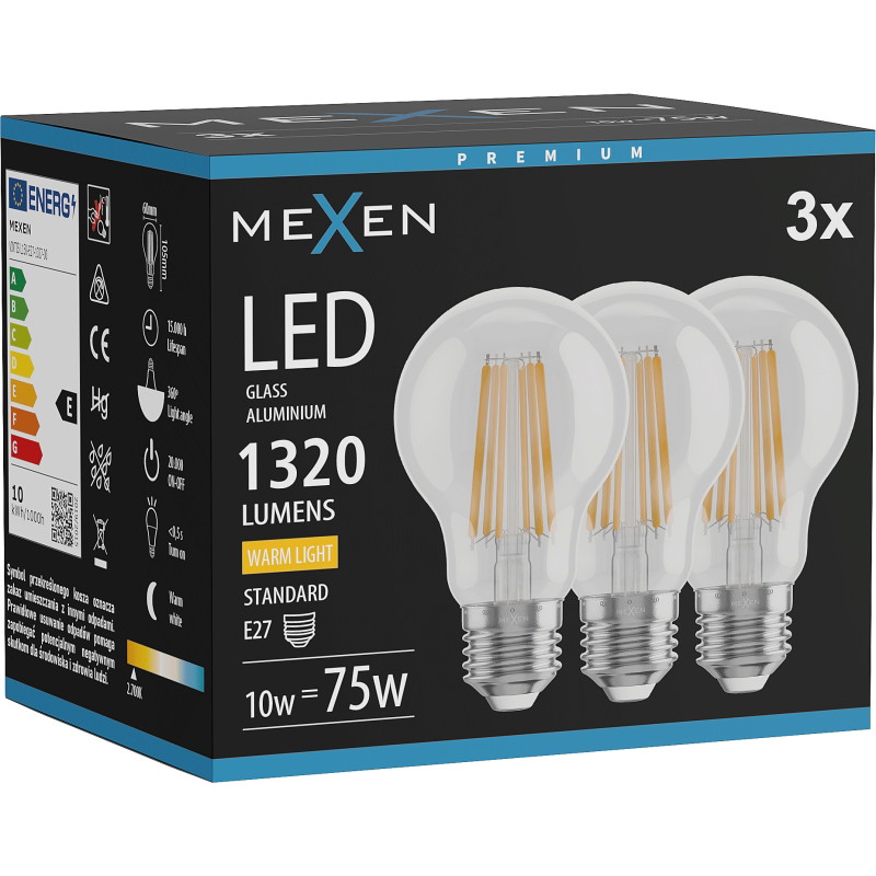 Mexen Vintis 3x LED-Filamentlampe E27, A60, 10W, Warm - 2700K, 1320 lm, klar - L150-E27-1027-00x03