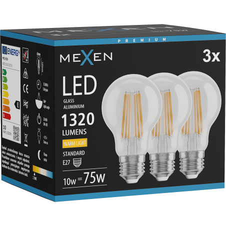 Mexen Vintis 3x LED-Filamentlampe E27, A60, 10W, Warm - 2700K, 1320 lm, klar - L150-E27-1027-00x03