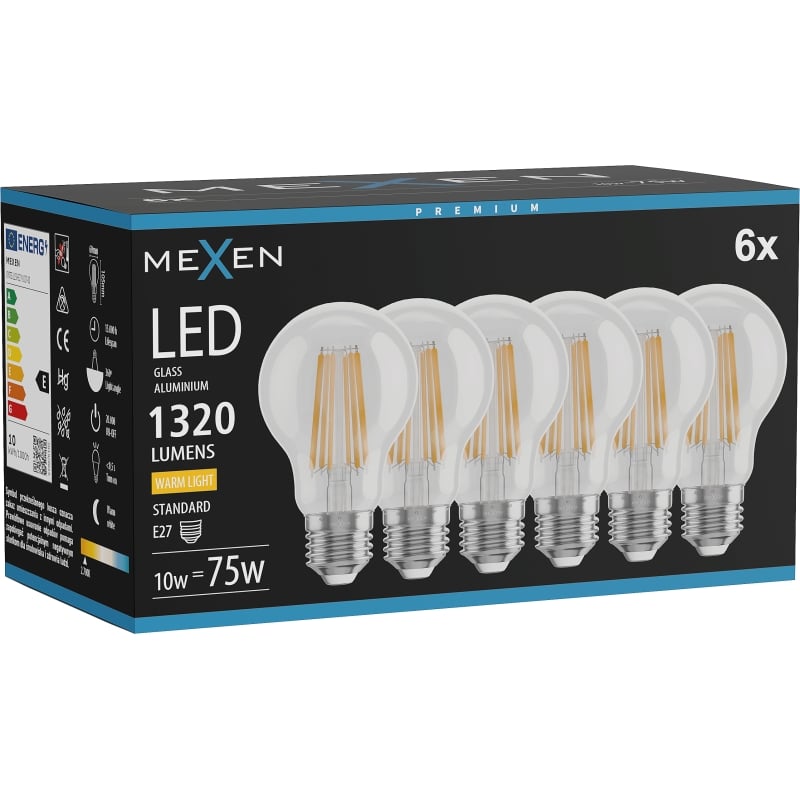 Mexen Vintis 6x LED-Filamentlampe E27, A60, 10W, Warm - 2700K, 1320 lm, klar - L150-E27-1027-00x06