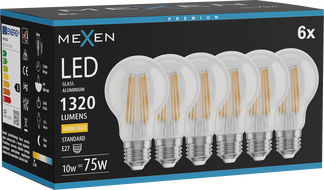 Mexen Vintis 6x LED-Filamentlampe E27, A60, 10W, Warm - 2700K, 1320 lm, klar - L150-E27-1027-00x06