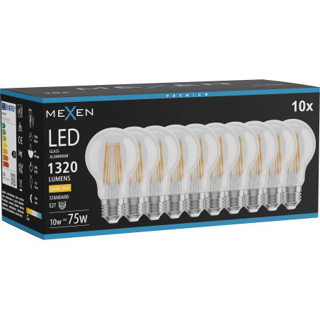 Mexen Vintis 10x LED-Filament-Glühbirne E27, A60, 10W, Warm - 2700K, 1320 lm, klar - L150-E27-1027-00x10