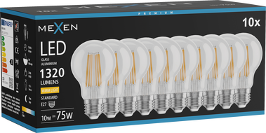 Mexen Vintis 10x LED-Filament-Glühbirne E27, A60, 10W, Warm - 2700K, 1320 lm, klar - L150-E27-1027-00x10