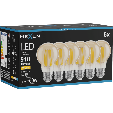 Mexen Vintis 6x LED-Filamentlampe E27, A60, 10W, Warm - 2700K, 910 lm, Bernstein - L150-E27-1027-50x06