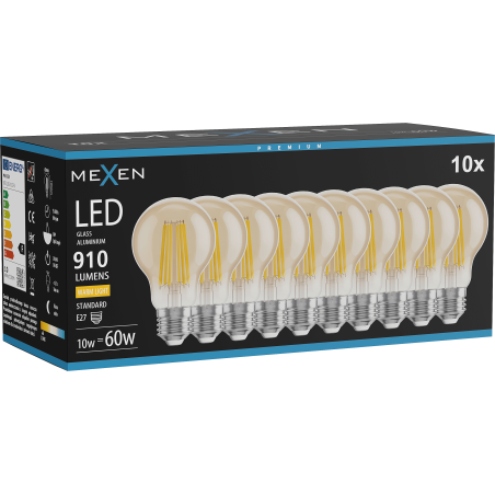Mexen Vintis 10x LED-Filament-Glühbirne E27, A60, 10W, Warm - 2700K, 910 lm, bernstein - L150-E27-1027-50x10