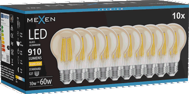 Mexen Vintis 10x LED-Filament-Glühbirne E27, A60, 10W, Warm - 2700K, 910 lm, bernstein - L150-E27-1027-50x10