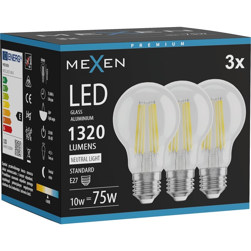 Mexen Vintis 3x LED-Filamentlampe E27, A60, 10W, Neutral - 4000K, 1320 lm, klar - L150-E27-1040-00x03