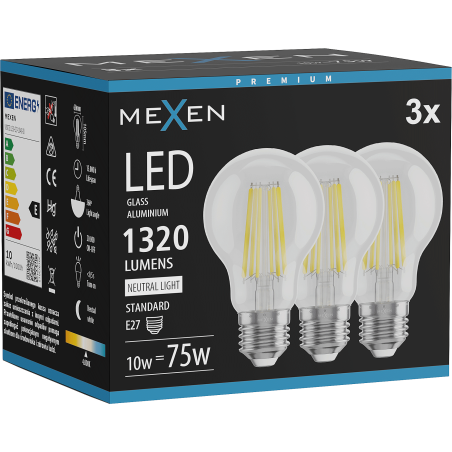 Mexen Vintis 3x LED-Filamentlampe E27, A60, 10W, Neutral - 4000K, 1320 lm, klar - L150-E27-1040-00x03