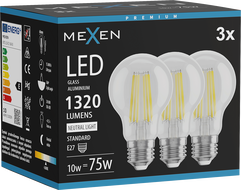 Mexen Vintis 3x LED-Filamentlampe E27, A60, 10W, Neutral - 4000K, 1320 lm, klar - L150-E27-1040-00x03