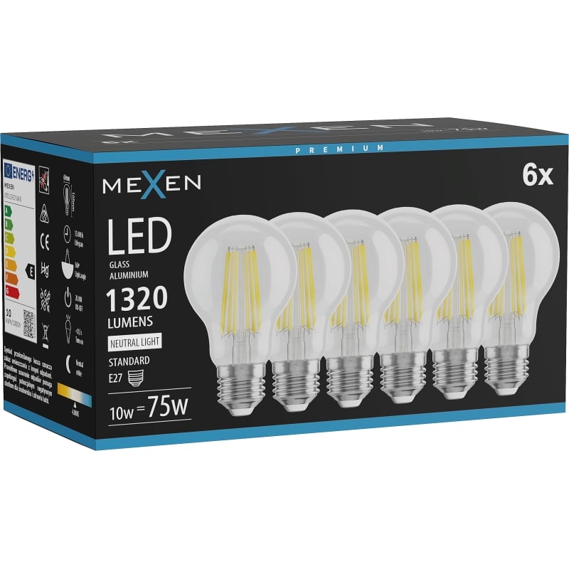 Mexen Vintis 6x Filament-LED-Glühbirne E27, A60, 10W, Neutral - 4000K, 1320 lm, klar - L150-E27-1040-00x06