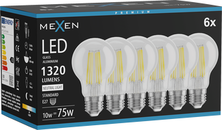 Mexen Vintis 6x Filament-LED-Glühbirne E27, A60, 10W, Neutral - 4000K, 1320 lm, klar - L150-E27-1040-00x06