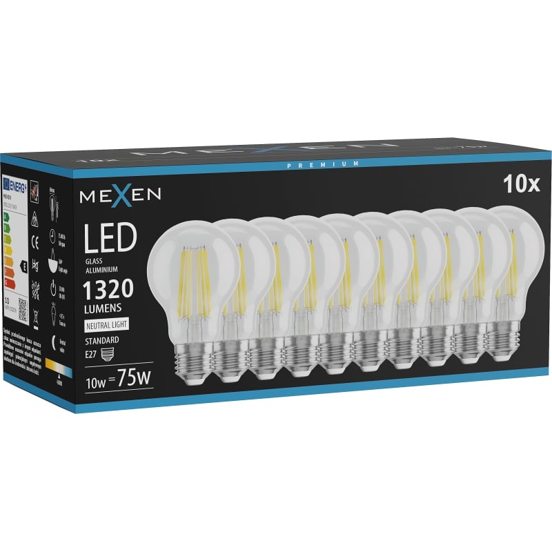 Mexen Vintis 10x LED-Filament-Glühbirne E27, A60, 10W, Neutral - 4000K, 1320 lm, klar - L150-E27-1040-00x10