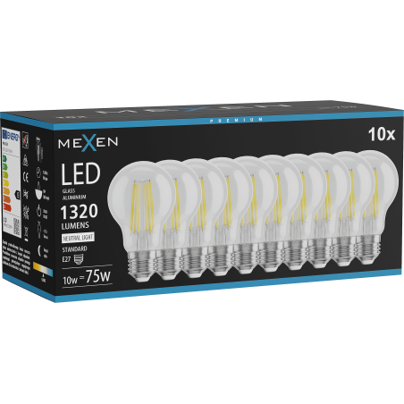 Mexen Vintis 10x LED-Filament-Glühbirne E27, A60, 10W, Neutral - 4000K, 1320 lm, klar - L150-E27-1040-00x10