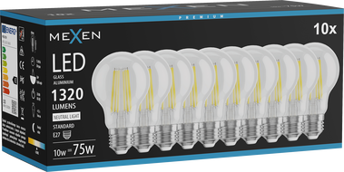 Mexen Vintis 10x LED-Filament-Glühbirne E27, A60, 10W, Neutral - 4000K, 1320 lm, klar - L150-E27-1040-00x10