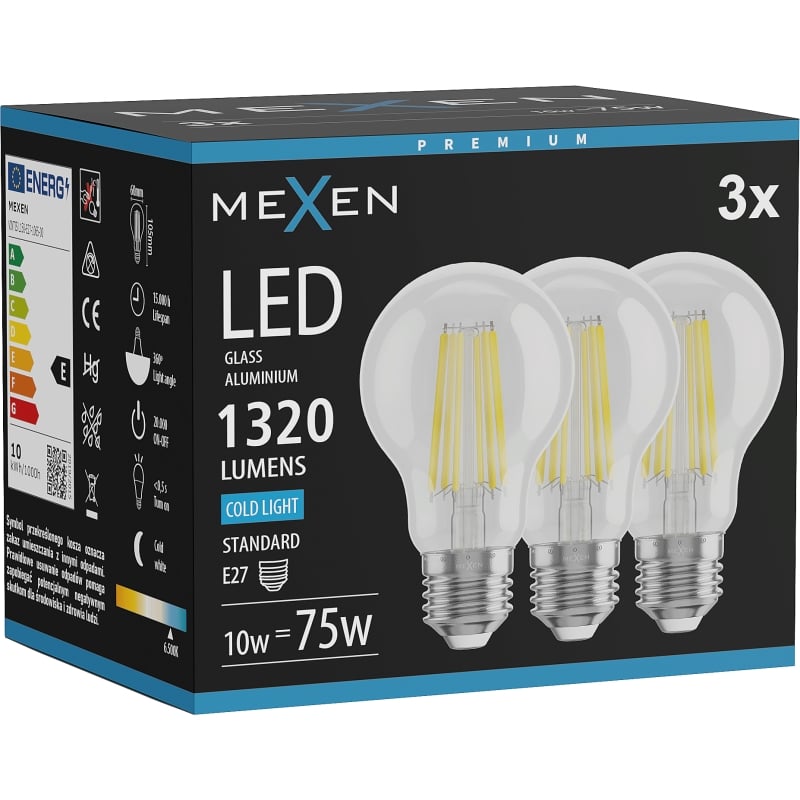 Mexen Vintis 3x LED-Filament-Glühbirne E27, A60, 10W, Kalt - 6500K, 1320 lm, klar - L150-E27-1065-00x03