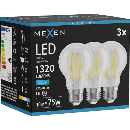Mexen Vintis 3x LED-Filament-Glühbirne E27, A60, 10W, Kalt - 6500K, 1320 lm, klar - L150-E27-1065-00x03