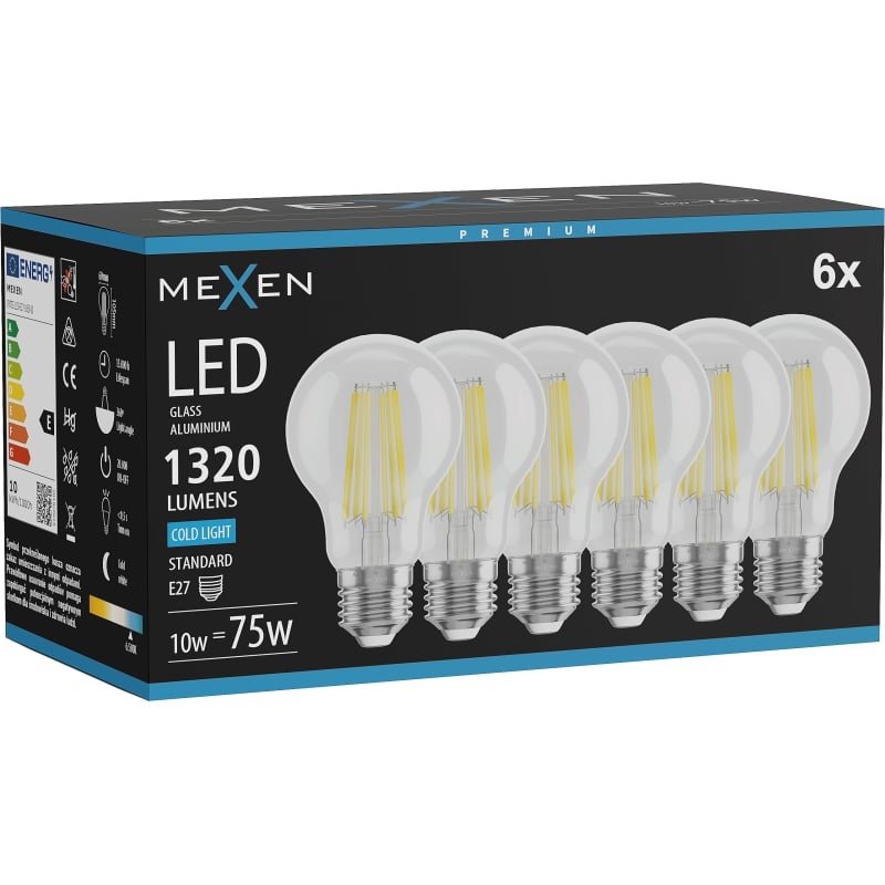 Mexen Vintis 6x LED-Filamentlampe E27, A60, 10W, Kaltweiß - 6500K, 1320 lm, klar - L150-E27-1065-00x06