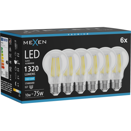 Mexen Vintis 6x LED-Filamentlampe E27, A60, 10W, Kaltweiß - 6500K, 1320 lm, klar - L150-E27-1065-00x06