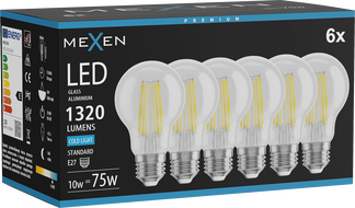Mexen Vintis 6x LED-Filamentlampe E27, A60, 10W, Kaltweiß - 6500K, 1320 lm, klar - L150-E27-1065-00x06