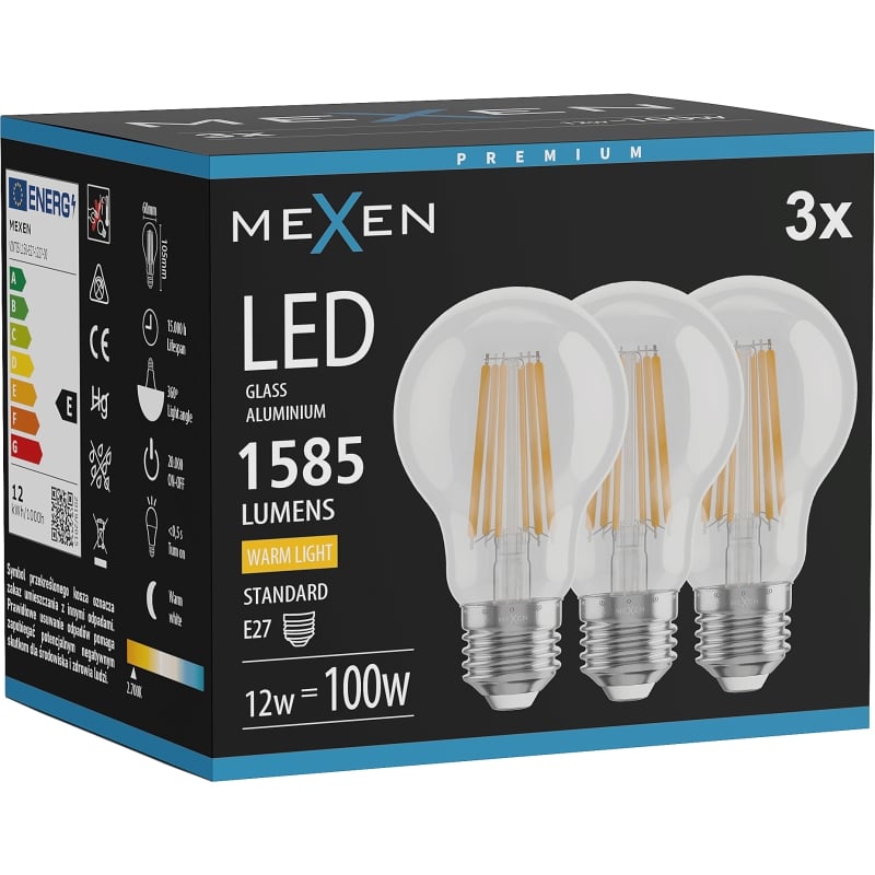 Mexen Vintis 3x LED-Filamentlampe E27, A60, 12W, Warm - 2700K, 1585 lm, klar - L150-E27-1227-00x03