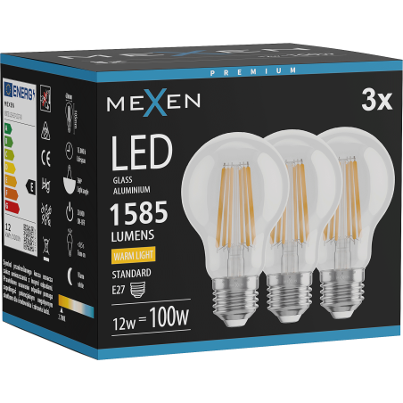 Mexen Vintis 3x LED-Filamentlampe E27, A60, 12W, Warm - 2700K, 1585 lm, klar - L150-E27-1227-00x03