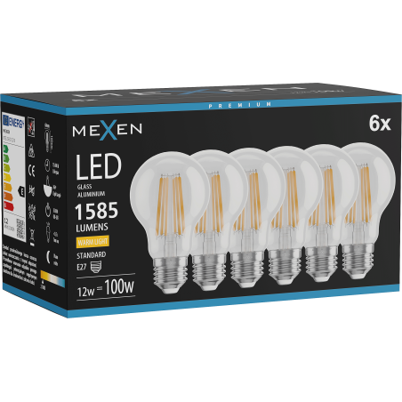 Mexen Vintis 6x LED-Filament-Glühbirne E27, A60, 12W, Warm - 2700K, 1585 lm, klar - L150-E27-1227-00x06