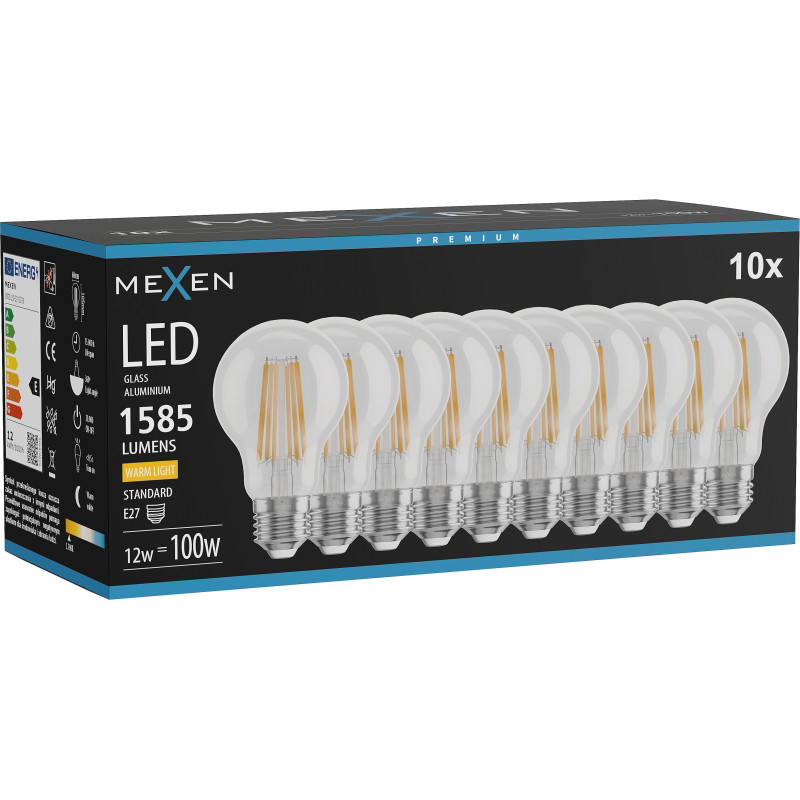 Mexen Vintis 10x LED-Filament-Glühbirne E27, A60, 12W, Warm - 2700K, 1585 lm, klar - L150-E27-1227-00x10