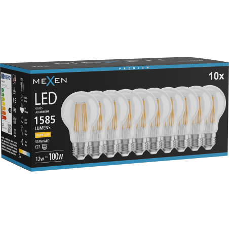 Mexen Vintis 10x LED-Filament-Glühbirne E27, A60, 12W, Warm - 2700K, 1585 lm, klar - L150-E27-1227-00x10