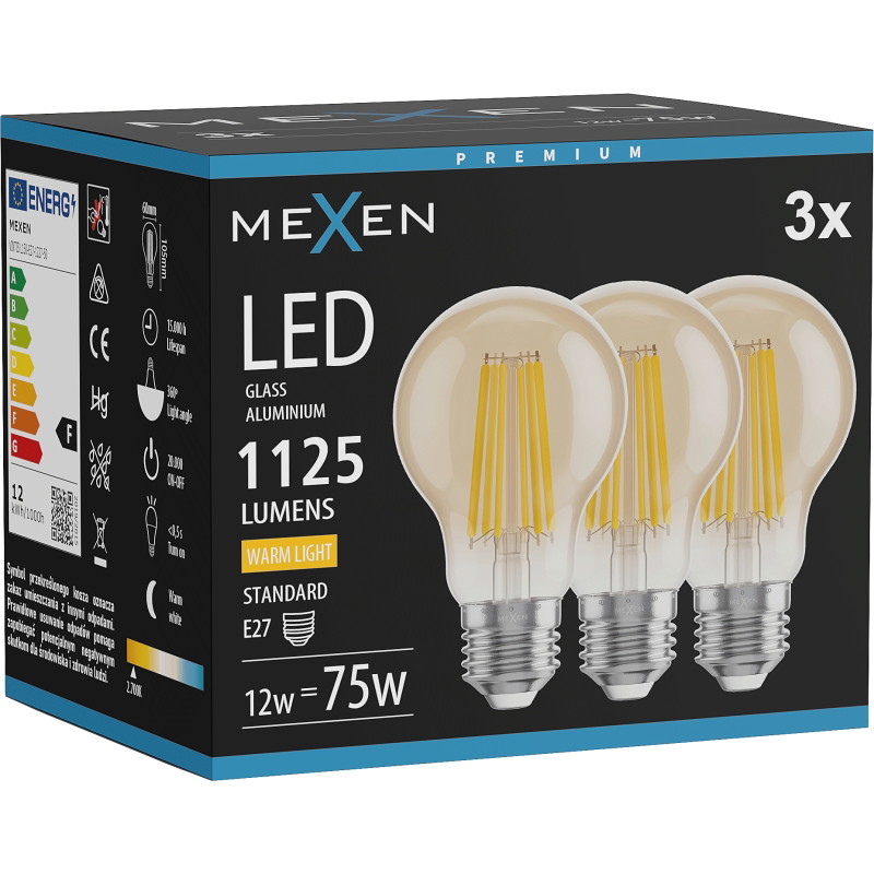 Mexen Vintis 3x LED-Filament-Lampe E27, A60, 12W, Warm - 2700K, 1125 lm, bernstein - L150-E27-1227-50x03