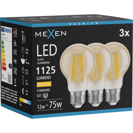 Mexen Vintis 3x LED-Filament-Lampe E27, A60, 12W, Warm - 2700K, 1125 lm, bernstein - L150-E27-1227-50x03