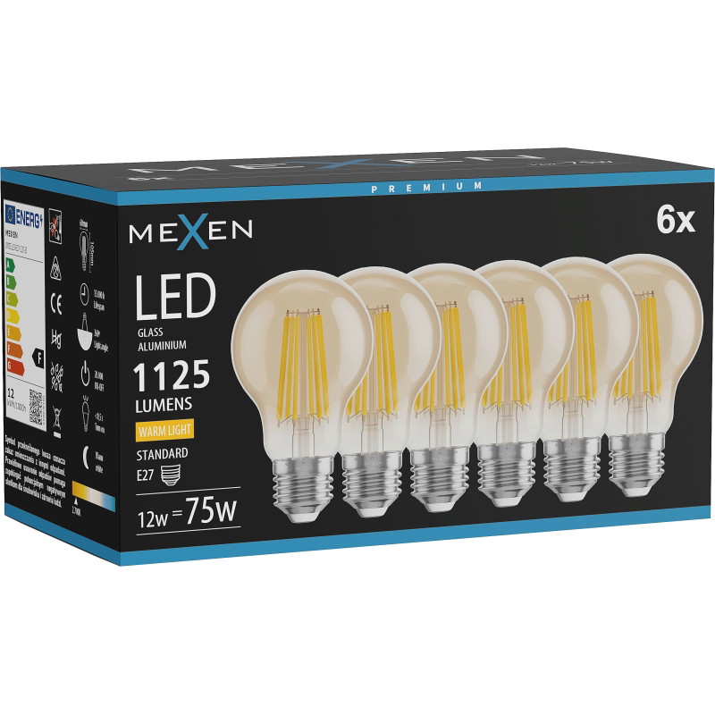 Mexen Vintis 6x LED-Filamentlampe E27, A60, 12W, Warm - 2700K, 1125 lm, amber - L150-E27-1227-50x06