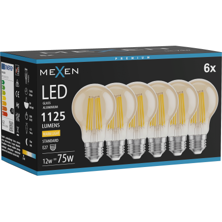 Mexen Vintis 6x LED-Filamentlampe E27, A60, 12W, Warm - 2700K, 1125 lm, amber - L150-E27-1227-50x06