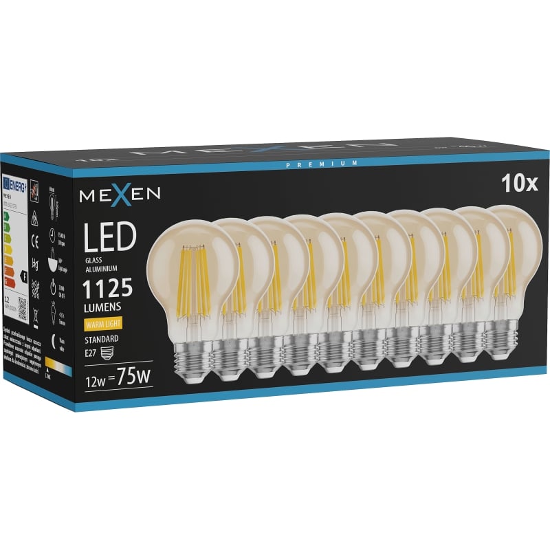 Mexen Vintis 10x LED Filament Lampe E27, A60, 12W, Warm - 2700K, 1125 lm, bernstein - L150-E27-1227-50x10