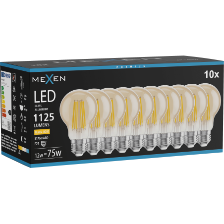 Mexen Vintis 10x LED Filament Lampe E27, A60, 12W, Warm - 2700K, 1125 lm, bernstein - L150-E27-1227-50x10