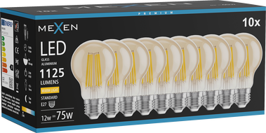 Mexen Vintis 10x LED Filament Lampe E27, A60, 12W, Warm - 2700K, 1125 lm, bernstein - L150-E27-1227-50x10