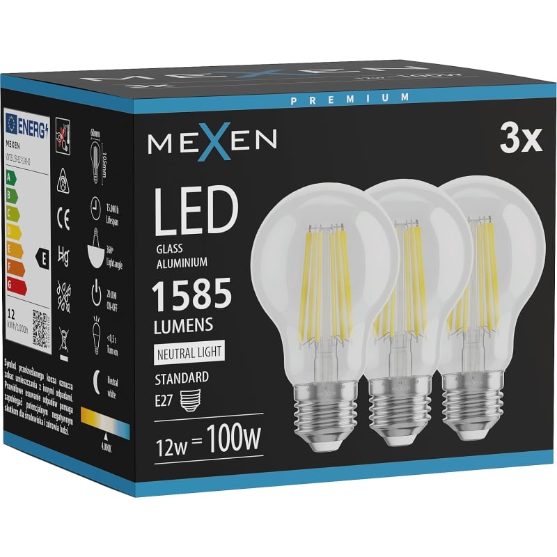 Mexen Vintis 3x Filament-LED-Glühbirne E27, A60, 12W, Neutral - 4000K, 1585 lm, klar - L150-E27-1240-00x03
