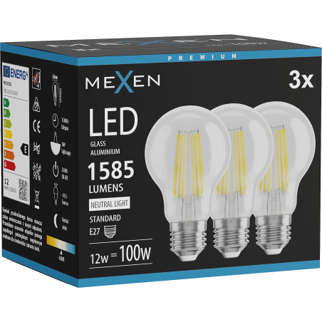 Mexen Vintis 3x Filament-LED-Glühbirne E27, A60, 12W, Neutral - 4000K, 1585 lm, klar - L150-E27-1240-00x03