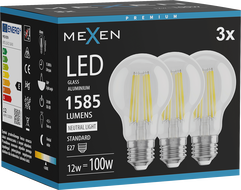 Mexen Vintis 3x Filament-LED-Glühbirne E27, A60, 12W, Neutral - 4000K, 1585 lm, klar - L150-E27-1240-00x03
