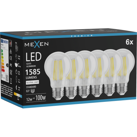 Mexen Vintis 6x LED-Filament-Glühlampe E27, A60, 12W, Neutral - 4000K, 1585 lm, klar - L150-E27-1240-00x06