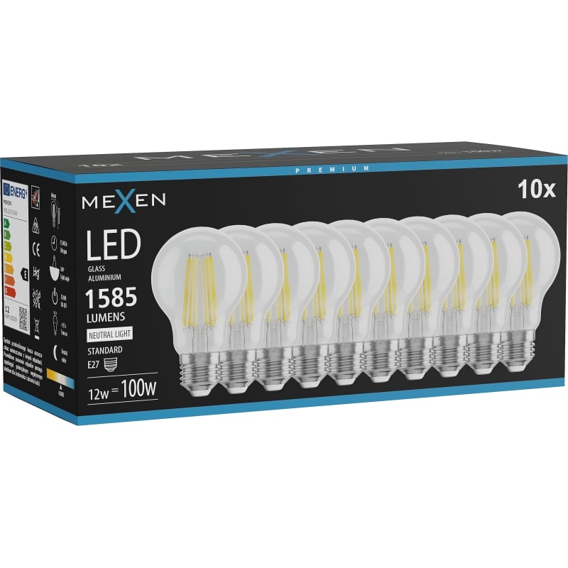 Mexen Vintis 10x Filament LED-Glühbirne E27, A60, 12W, Neutral - 4000K, 1585 lm, klar - L150-E27-1240-00x10