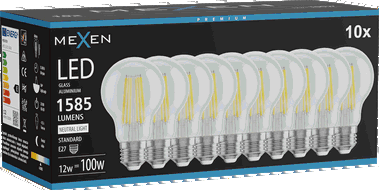 Mexen Vintis 10x Filament LED-Glühbirne E27, A60, 12W, Neutral - 4000K, 1585 lm, klar - L150-E27-1240-00x10