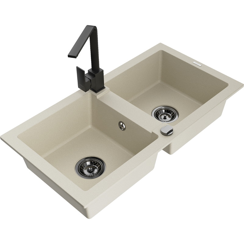 Mexen Mario granitspüle 2-kammerig mit Küchenarmatur Rita, beige - 6504-69-670300-70