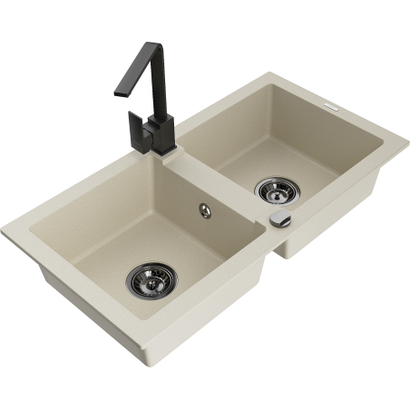 Mexen Mario Granitspüle 2-Kammer mit Küchenarmatur Rita, beige - 6504-69-670300-70