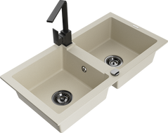 Mexen Mario Granitspüle 2-Kammer mit Küchenarmatur Rita, beige - 6504-69-670300-70